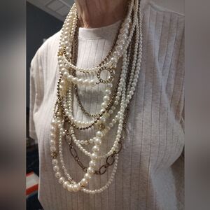 Chico's Oversize Pearl, Chain & Rhinestone Statement Necklace NWT